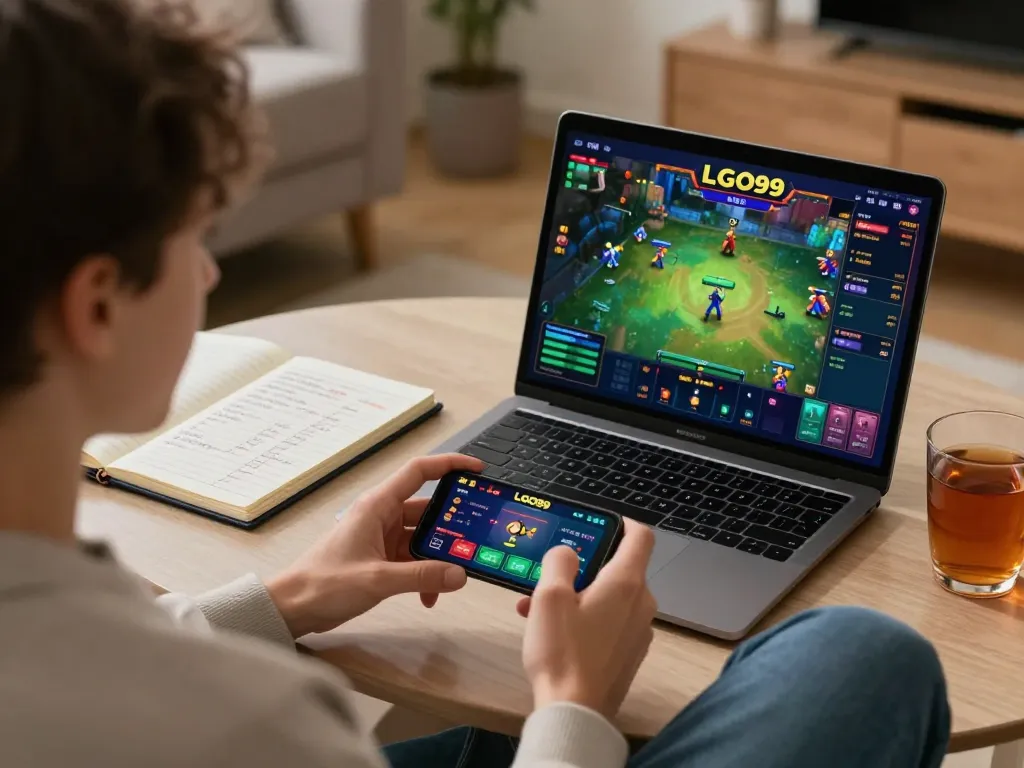 LGO99 online casino app used by player in a cozy home setting for a strategic gaming session.