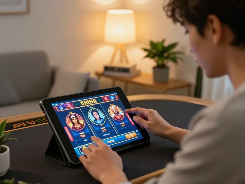 Engaging player experiences slot thailand excitement by interacting with live dealer slots on tablet.