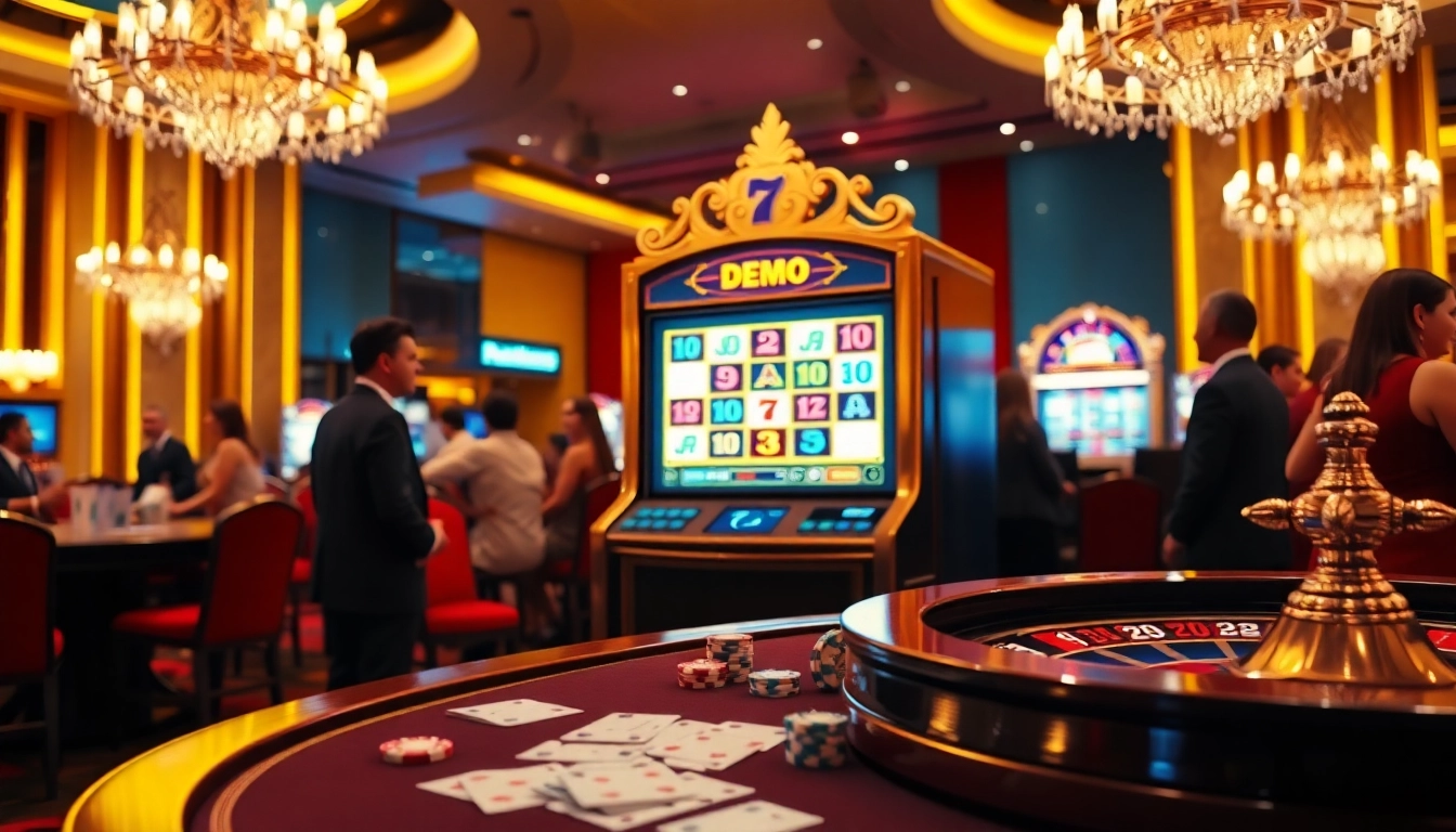 Excited players engaging with a demo slot in a bustling casino environment filled with vibrant colors.