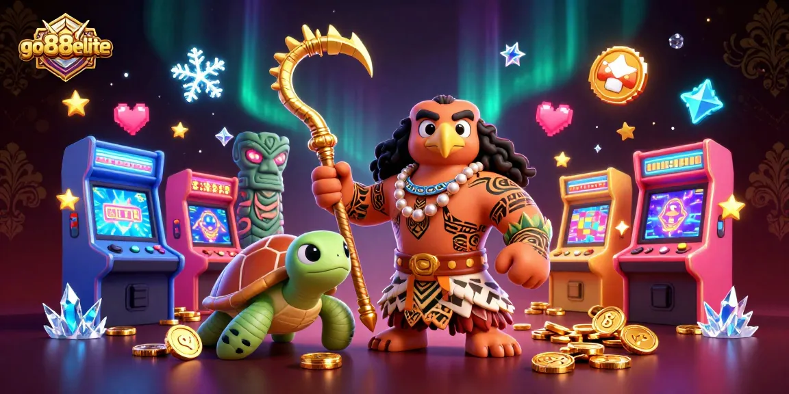 Experience thrilling play with go88elite as a colorful demigod and a cute turtle in a dynamic casino scene.