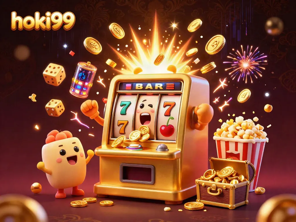 Permainan hoki99 yang menarik dengan mesin slot emas dan banyak koin berjatuhan.