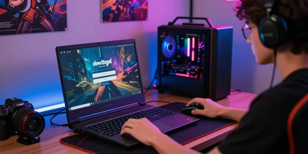 Pengguna melakukan dewitogel login di laptop gaming dengan pencahayaan LED yang menarik.