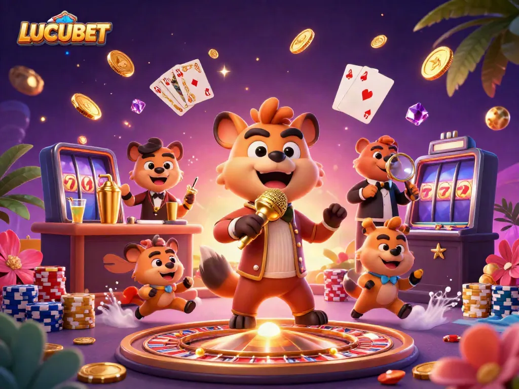 Experience fun at LUCUBET comedy casino with hyenas enjoying slots and games.
