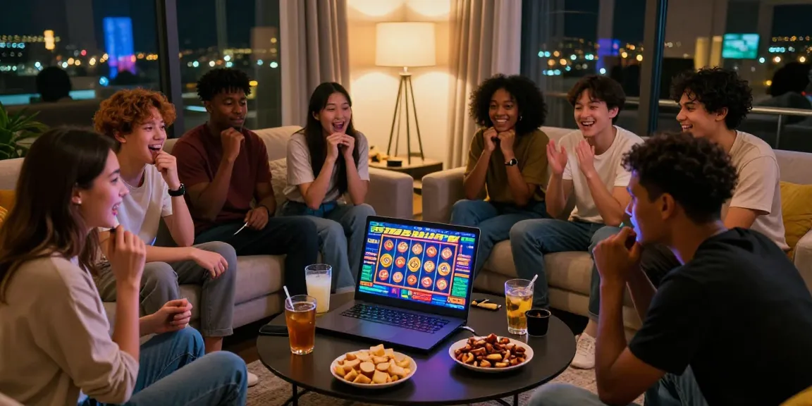 Exciting gaming night with friends enjoying situs slot games on a laptop in a cozy living room.