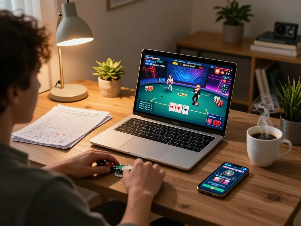 Engaging poker game experience on fly888 with strategic notes beside the laptop.