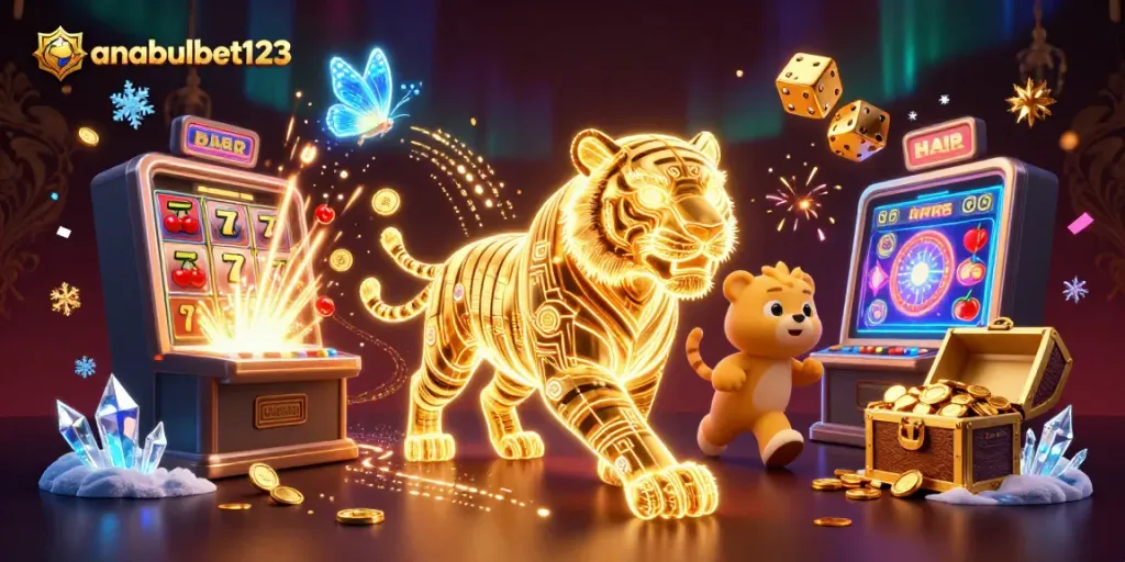 Menggali jackpot di anabulbet123 dengan mesin slot 3D mewah, koin berkilauan dan karakter digital