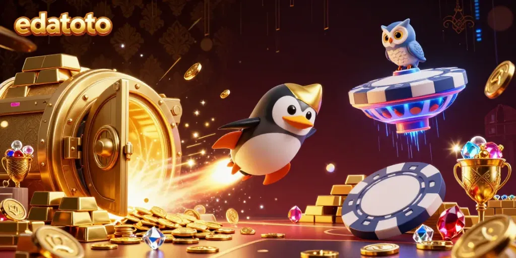 Engage with edatoto as a quirky golden penguin soars past a casino space station, surrounded by treasure.