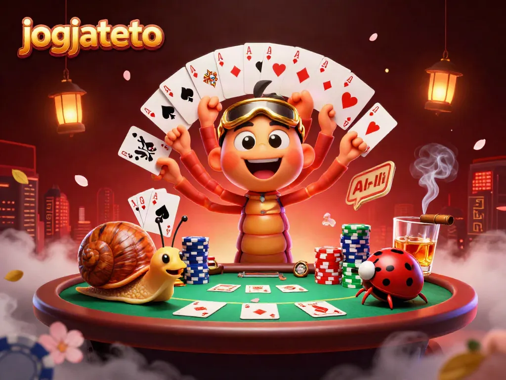 Experience the excitement of jogjatoto with a vibrant illustration of a millipede dealer at a dynamic casino setting.