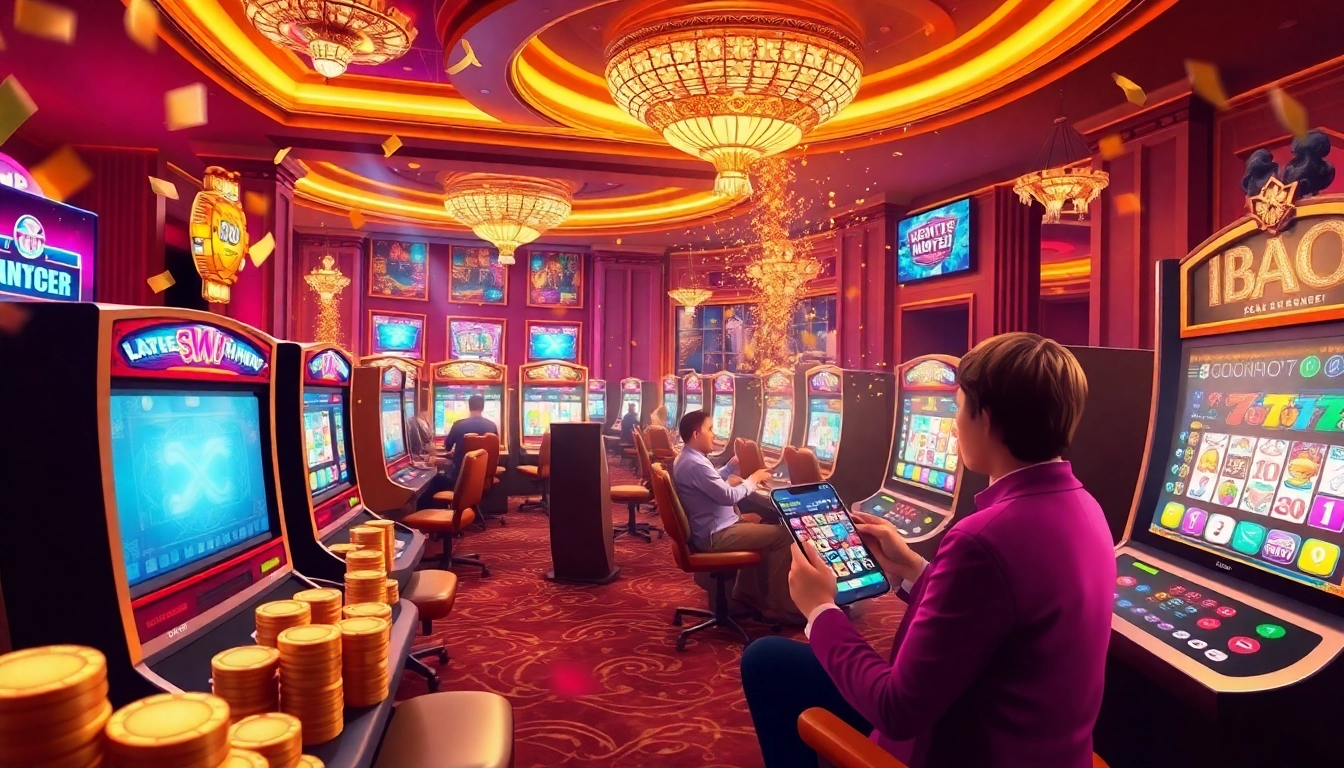 Winning players celebrate at an idnslot gaming station in a luxurious casino setting.