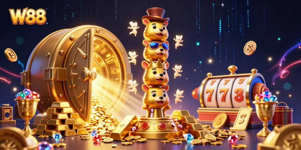 Engage in a vibrant W88 casino scene with dynamic totems and dazzling treasures.