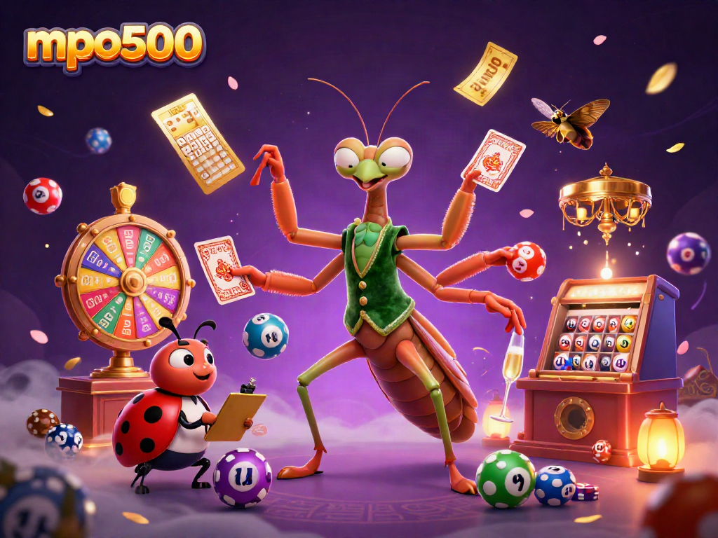 Mpo500 menghadirkan ilustrasi kasino energik dengan karakter unik yang menikmati permainan dan keberuntungan.