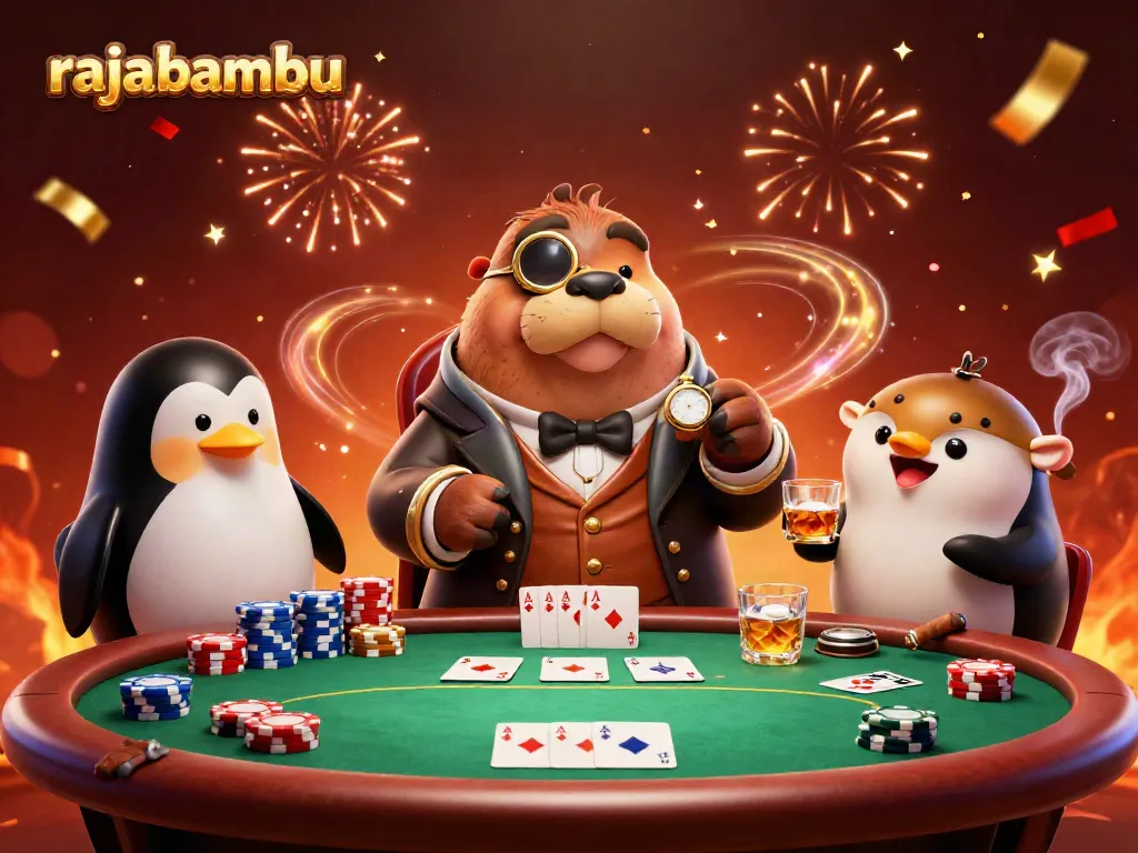 Menangkan permainan di rajabambu dengan ilustrasi ceria walrus berjubah Victoriana di meja poker bawah air.