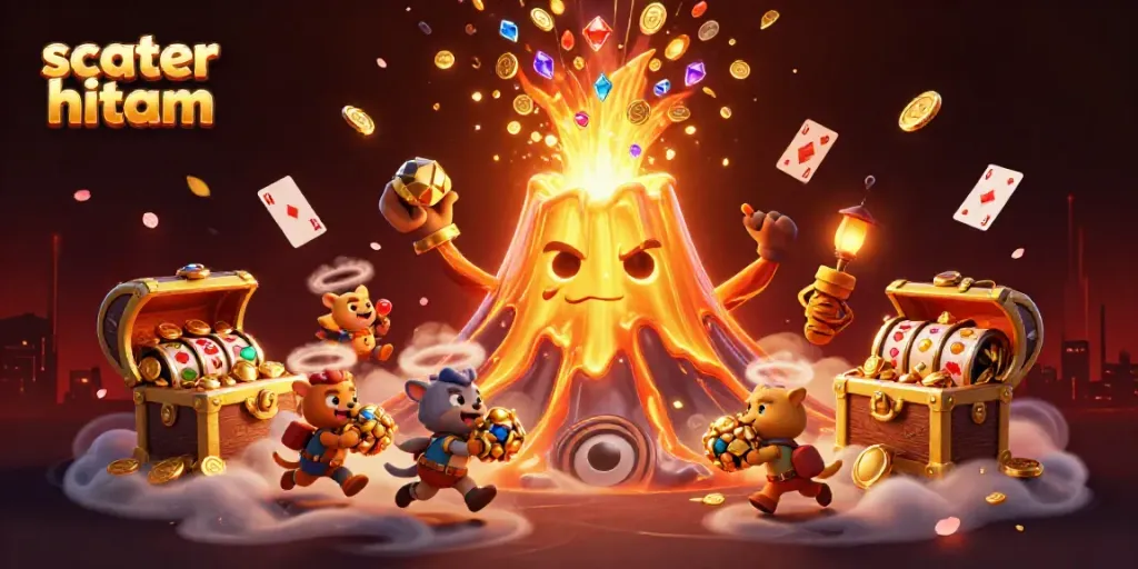 Slot permainan scatter hitam dengan karakter grafis 3D dan berbagai elemen kasino yang menarik.