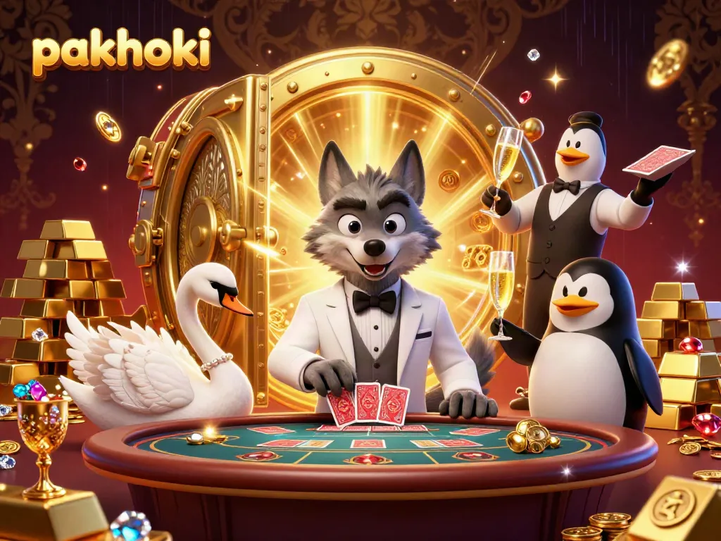 PAKHOKI: Ilustrasi kasino dengan karakter serigala dan angsa, menghadirkan baccarat yang berkilau.