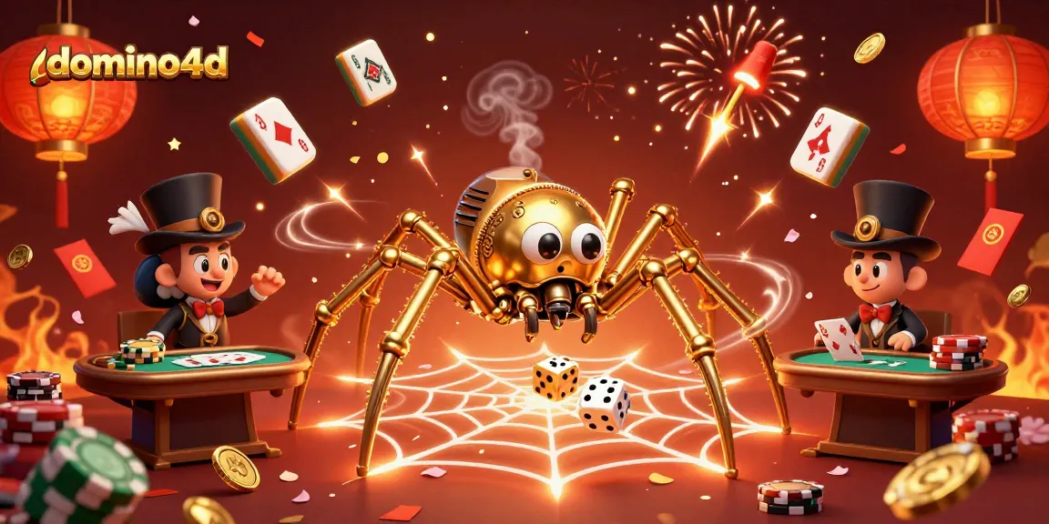 Gambarkan domino4d saat bermain poker dengan atmosfer meriah dari koin dan lampion.