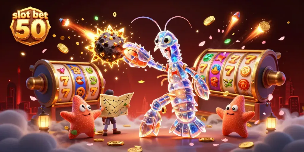 Menggambarkan slot bet 50 dengan mantis samurai galaksi dan koin emas meledak di kasino digital.