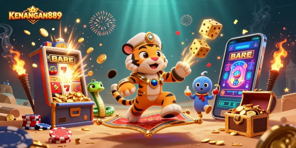 Experience KENANGAN889's vibrant casino world with a magical tiger sultan and jackpot excitement.