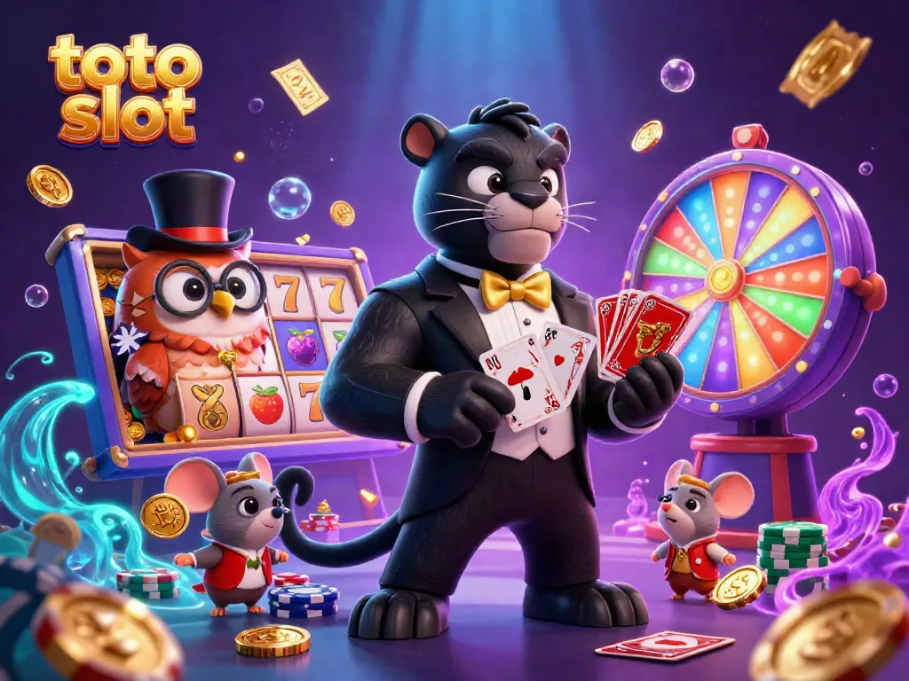 Gamer menikmati sensasi toto slot di kasino dengan karakter menarik dan efek yang memukau