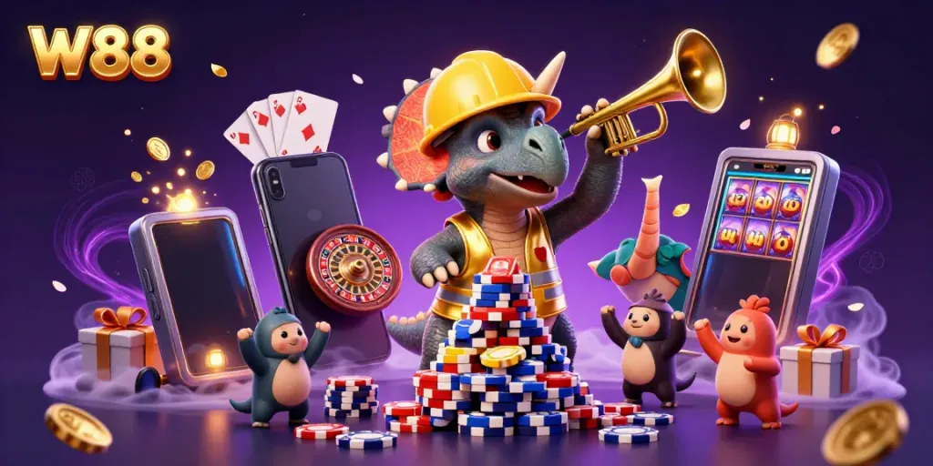 W88 promotional illustration of playful triceratops building poker chip pyramid with casino elements.