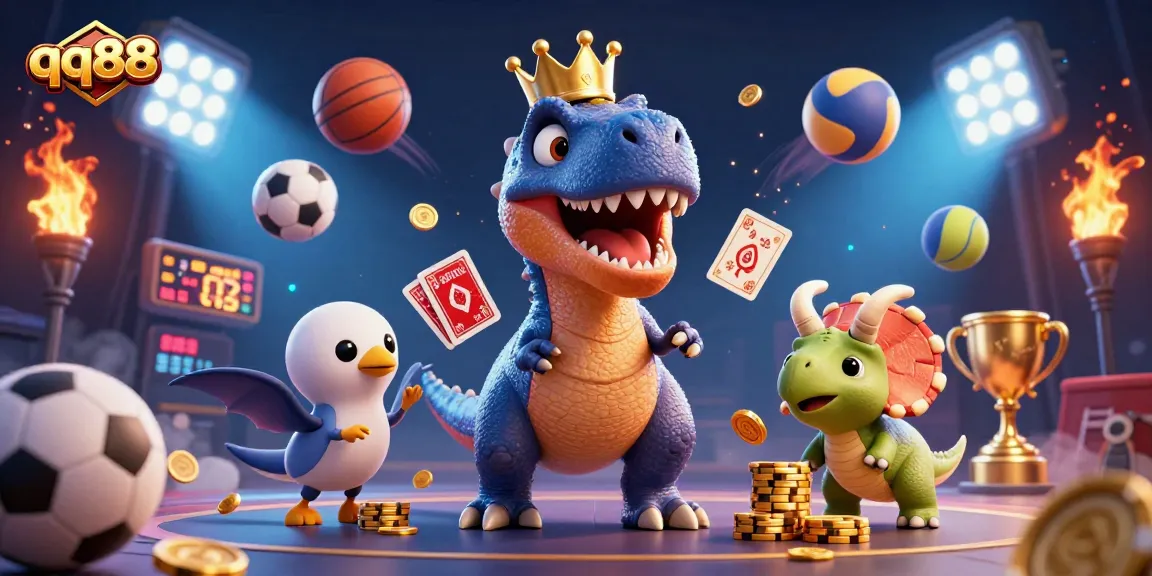 Experience thrilling bets and card games with qq88's vibrant 3D casino scene, featuring friendly dinosaurs.
