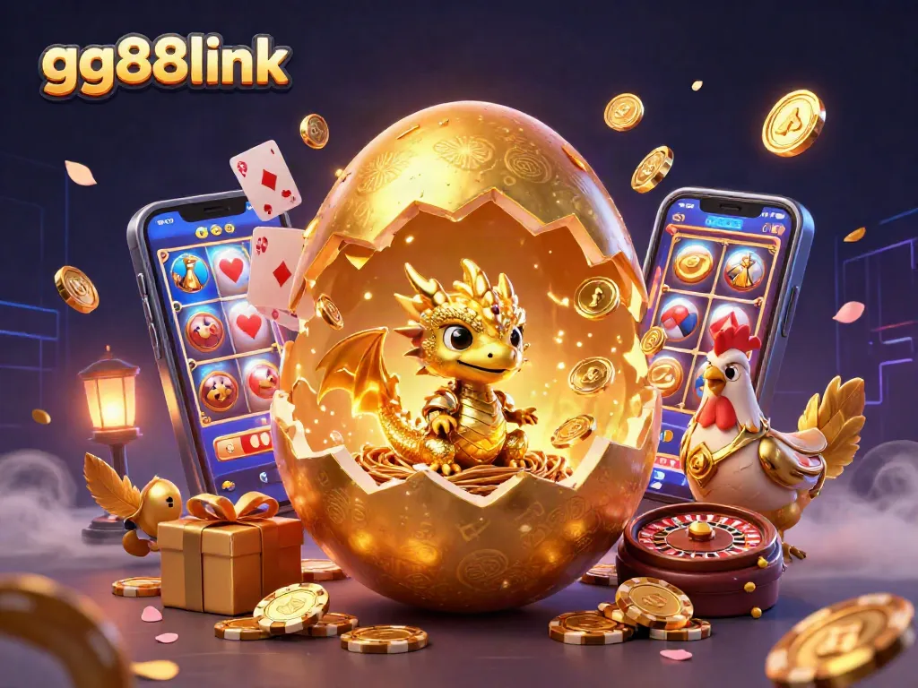 Join the excitement with gg88link as a golden dragon emerges from an egg surrounded by poker chips and gaming elements.