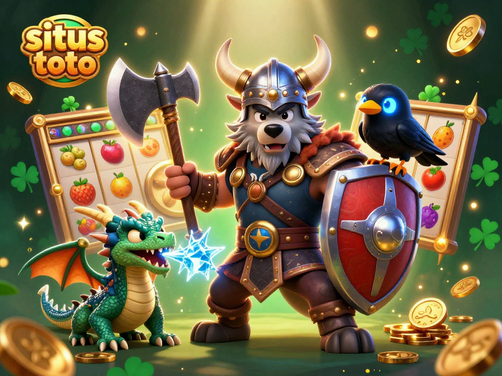 Situs toto dengan karakter Viking dan naga, menghadirkan momen menang dalam permainan slot.
