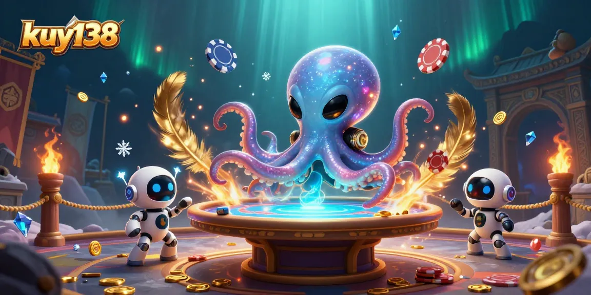 Kuy138 menghadirkan ilustrasi kasino luar angkasa dengan gurita alien dan robot, penuh dengan chip poker dan efek dramatis.