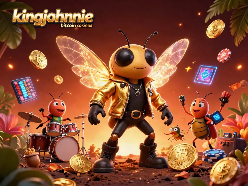 Engage with kingjohnnie bitcoin casinos through a vibrant 3D casino scene featuring animated characters and cryptocurrency elements.