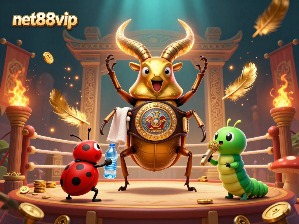 Engage with net88vip's vibrant casino scene featuring a giant stag beetle boxing champion and exciting elements.