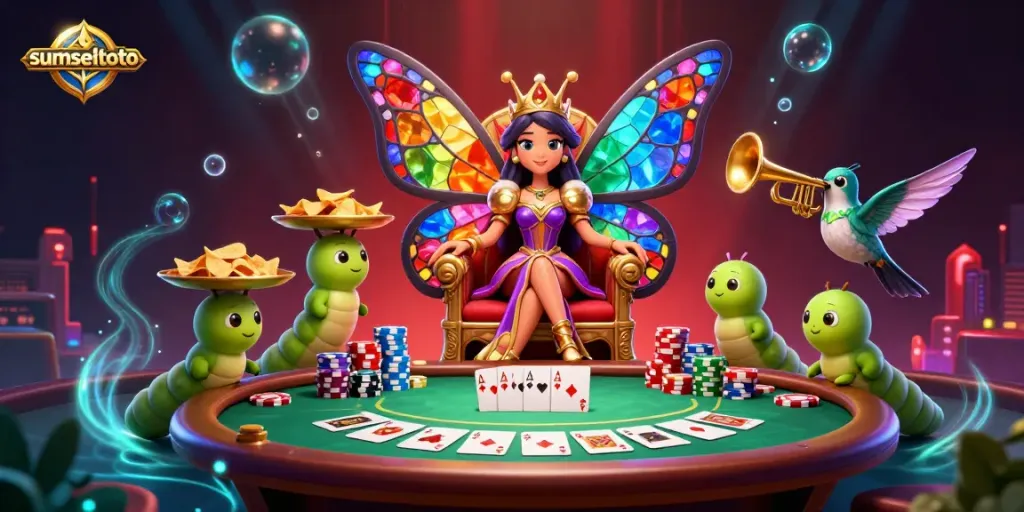 Experience the vibrant sumseltoto casino scene with a vivid butterfly queen surrounded by poker elements.