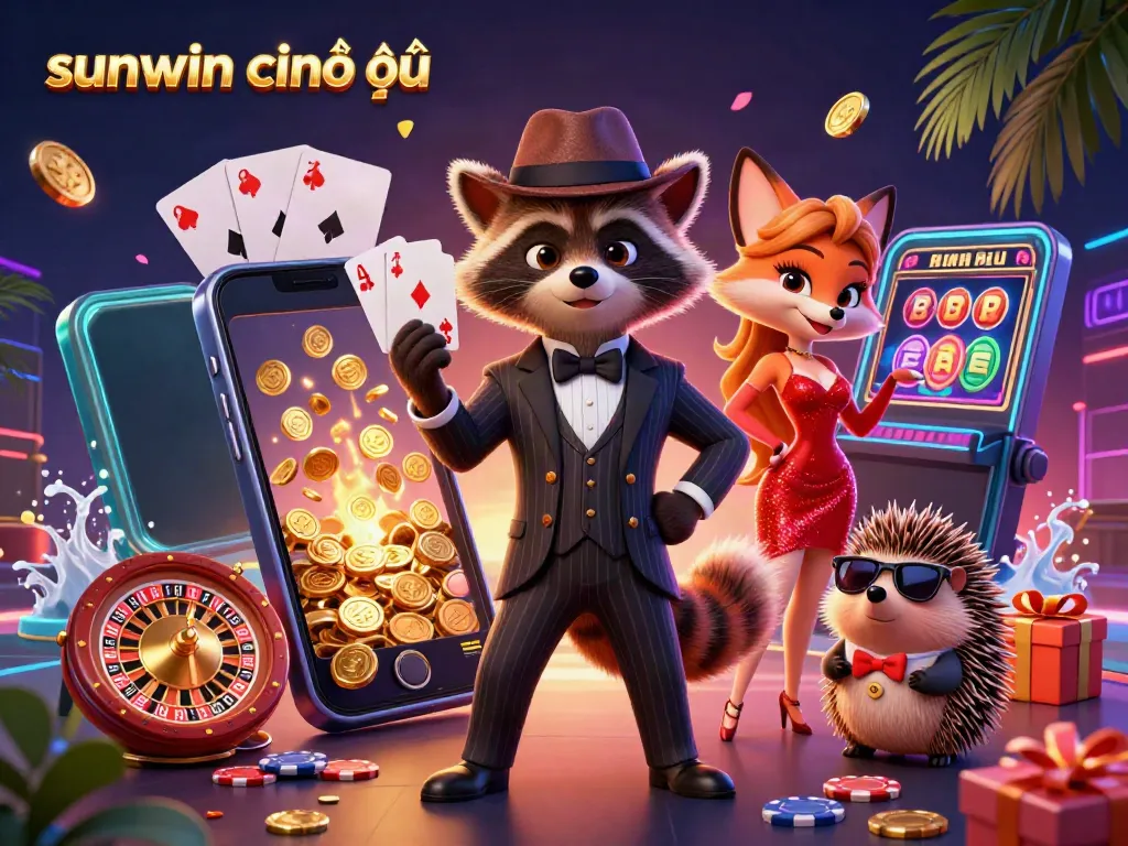 Immerse in the sunwin chính thức experience with raccoon and fox characters surrounded by dynamic gaming elements.