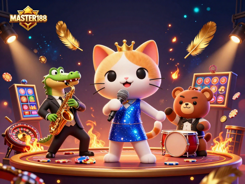 Experience the excitement at MASTER188 with vibrant casino characters performing in a dazzling setting.