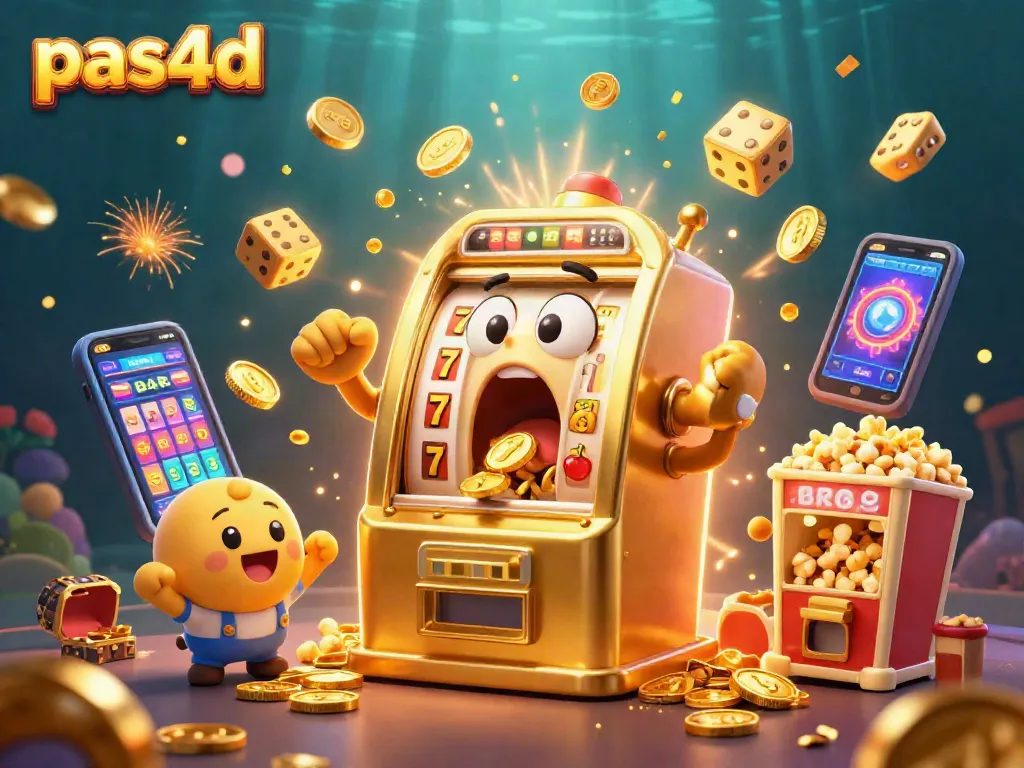 Pas4d menghadirkan slot mesin emas yang mengejutkan jackpot, dikelilingi koin dan simbol meriah.