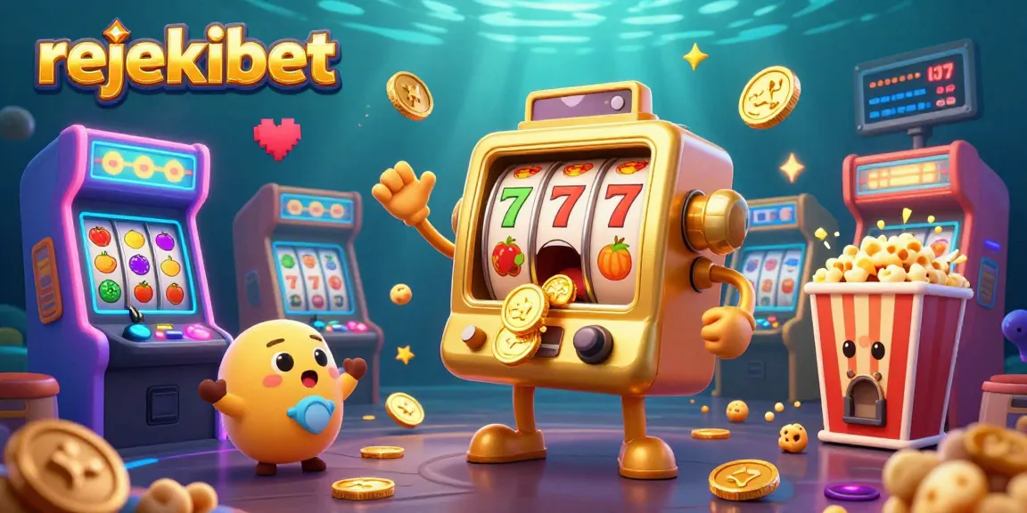 Experience the excitement of rejekibet with a vibrant slot machine jackpot scene, overflowing with golden coins and cheering characters.