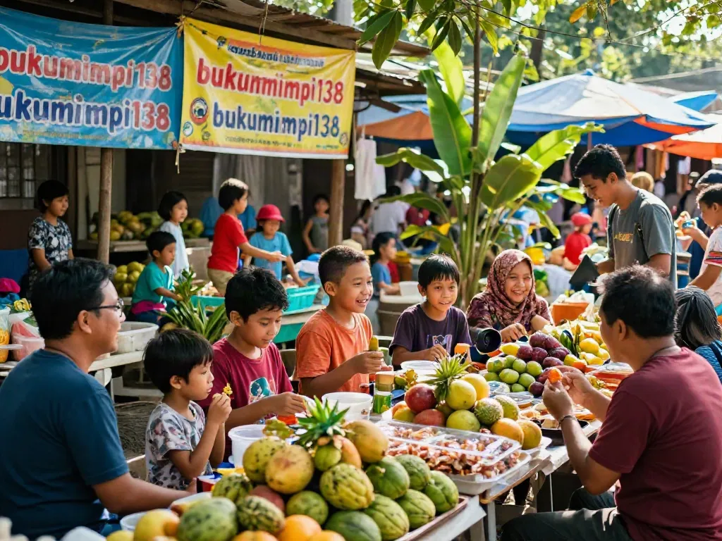 Pasar terbuka yang ramai dengan keluarga berkumpul dan berinteraksi, menyampaikan layanan interpretasi mimpi bukumimpi138.