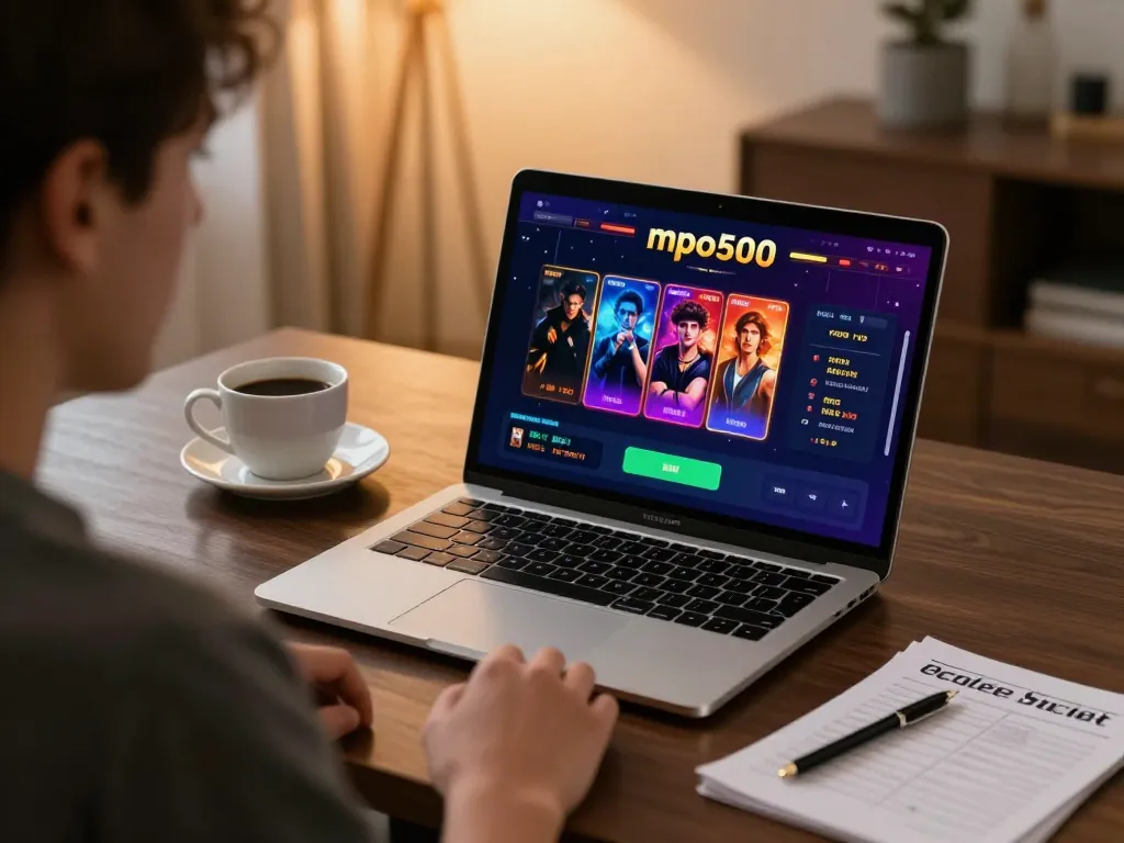 Engage with mpo500's online slots on a modern laptop, showcasing immersive gaming experience and strategic planning