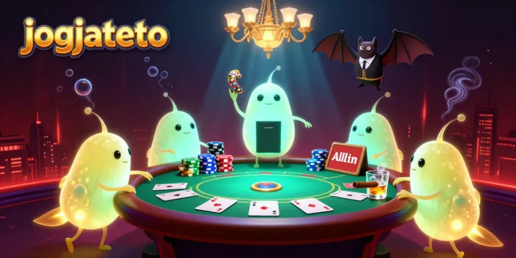 Engage in exciting gaming at jogjatoto with a vibrant 3D casino scene featuring poker action and glowworm characters.