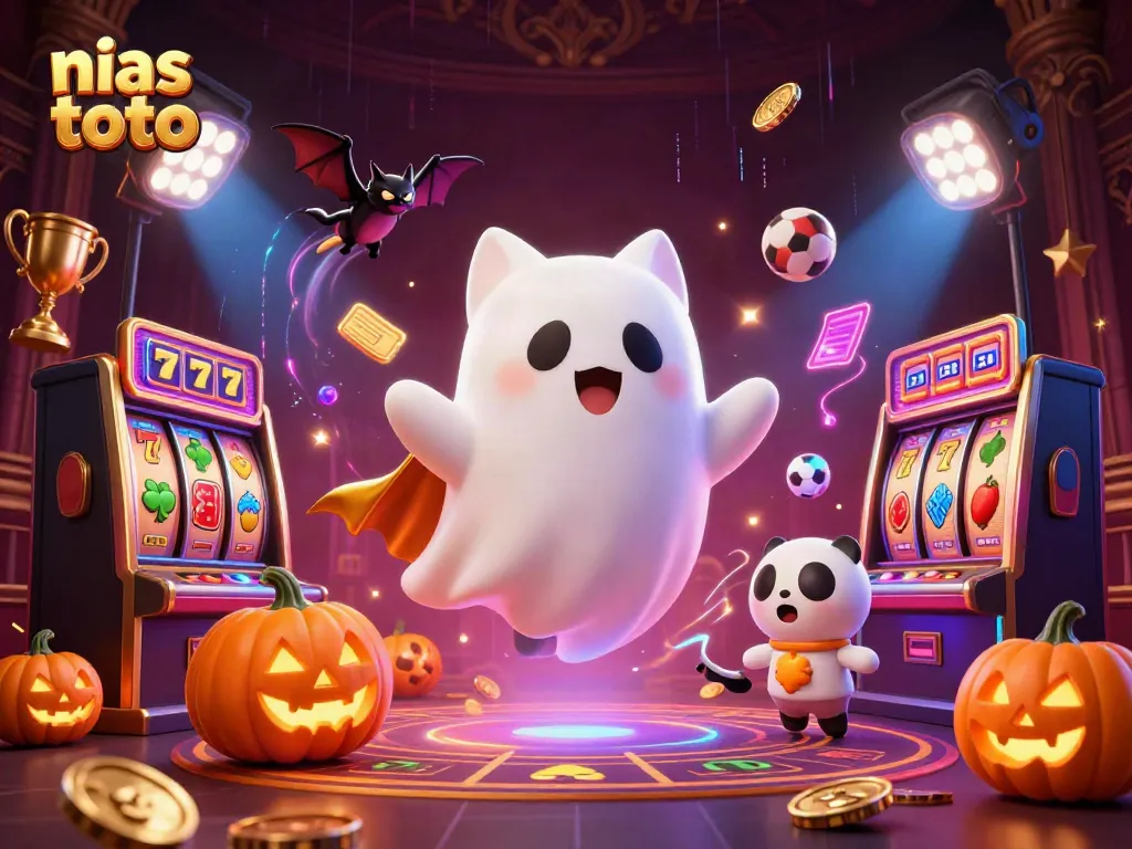 Saksikan nias toto dalam ilustrasi kasino mewah dengan kucing hantu dan elemen permainan yang mempesona.