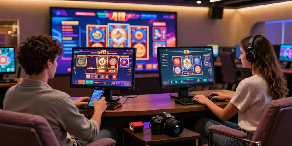 Engaged users enjoying slot 4D games on desktop and mobile in a modern gaming environment.