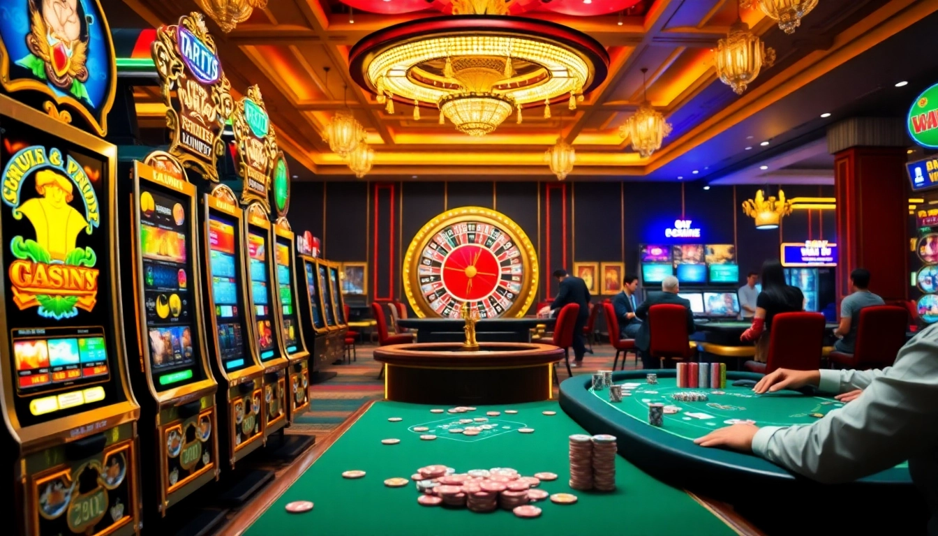 Experience the thrill of link slot deposit pulsa with vibrant casino visuals featuring slot machines, cards, and chips.