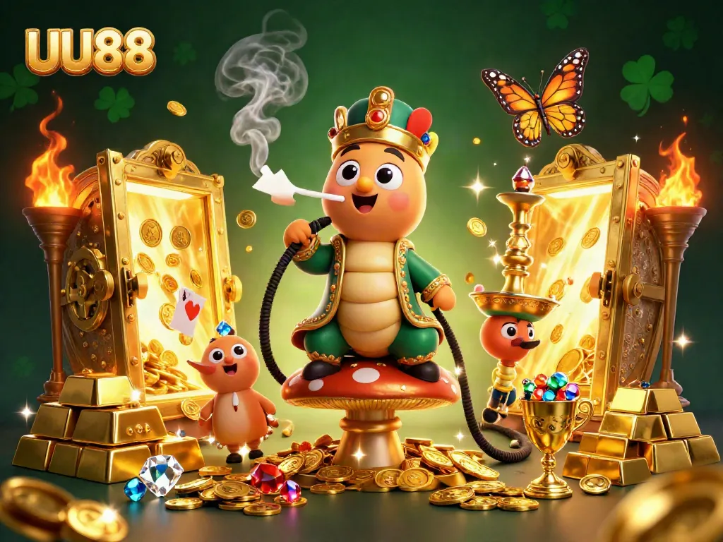 UU88 showcases a vibrant casino scene with a whimsical sultan caterpillar surrounded by riches and poker symbols.
