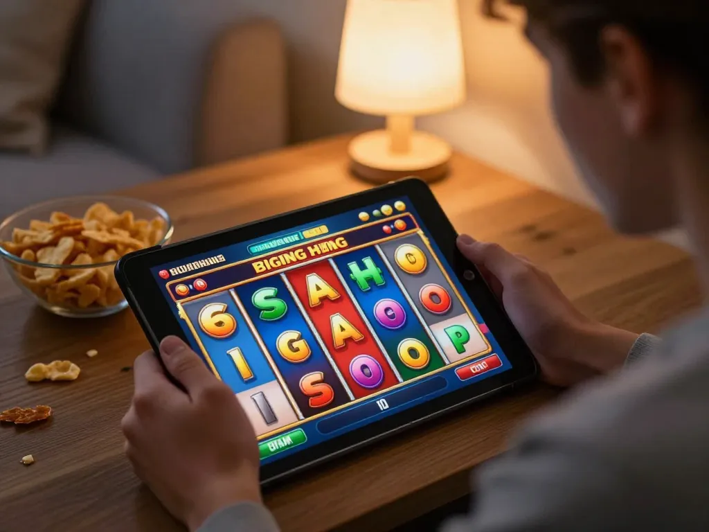 Pemain menikmati login dasi4d di rumah, fokus pada permainan slot yang cerah di tablet dengan camilan di dekatnya.