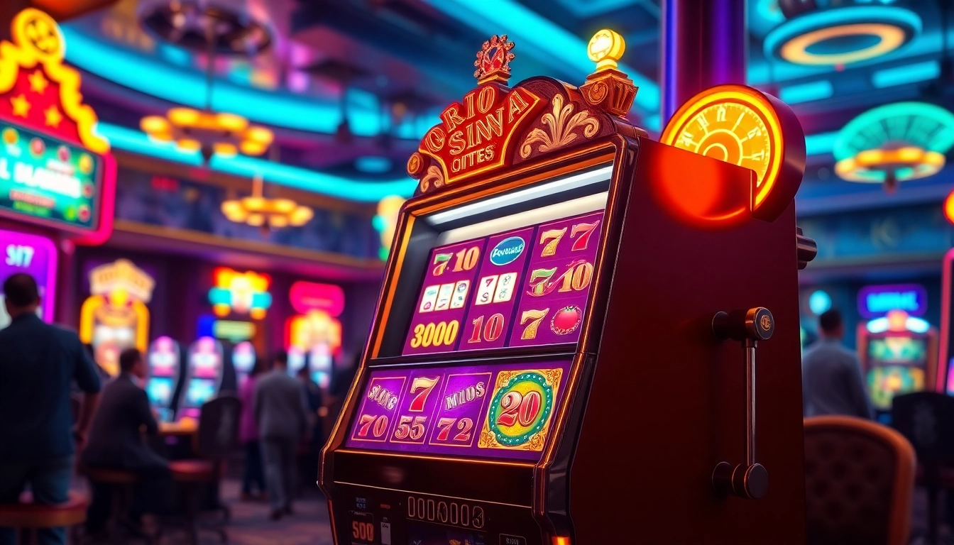 Daftar emasputihtoto menunjukkan mesin slot yang berkilauan dan suasana kasino yang meriah.