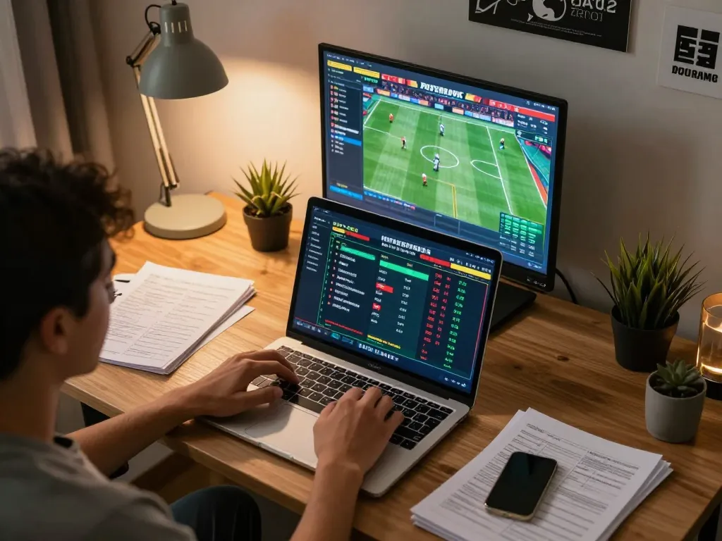 Pakde4D user analyzing betting odds on multiple screens in a modern home office setup.