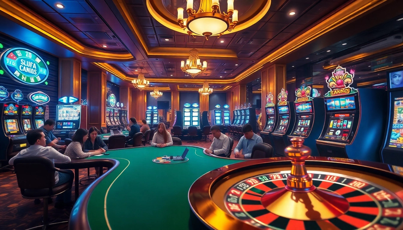 Players engaged in high-stakes gaming at a situs slot gacor casino with vibrant slot machines and a roulette wheel.