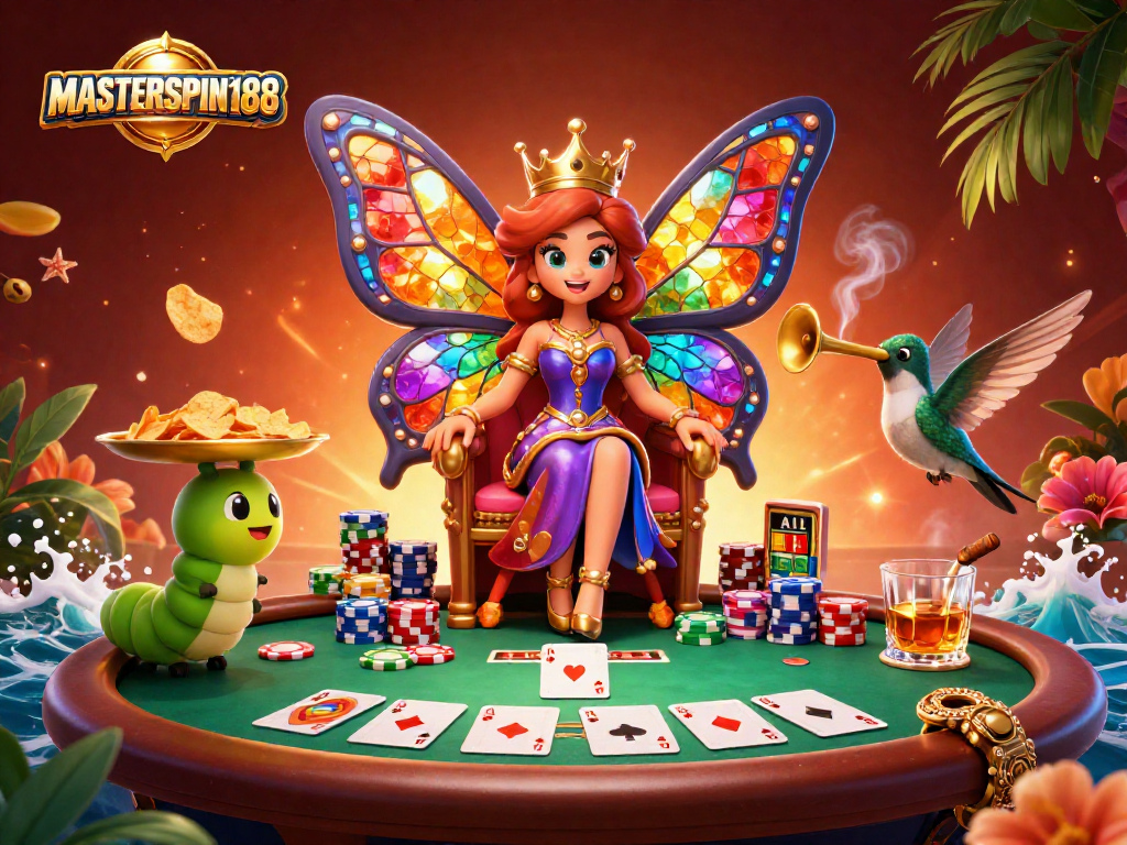 Engage in the exciting world of MASTERSPIN188 with a vibrant casino scene featuring poker elements and a butterfly queen.