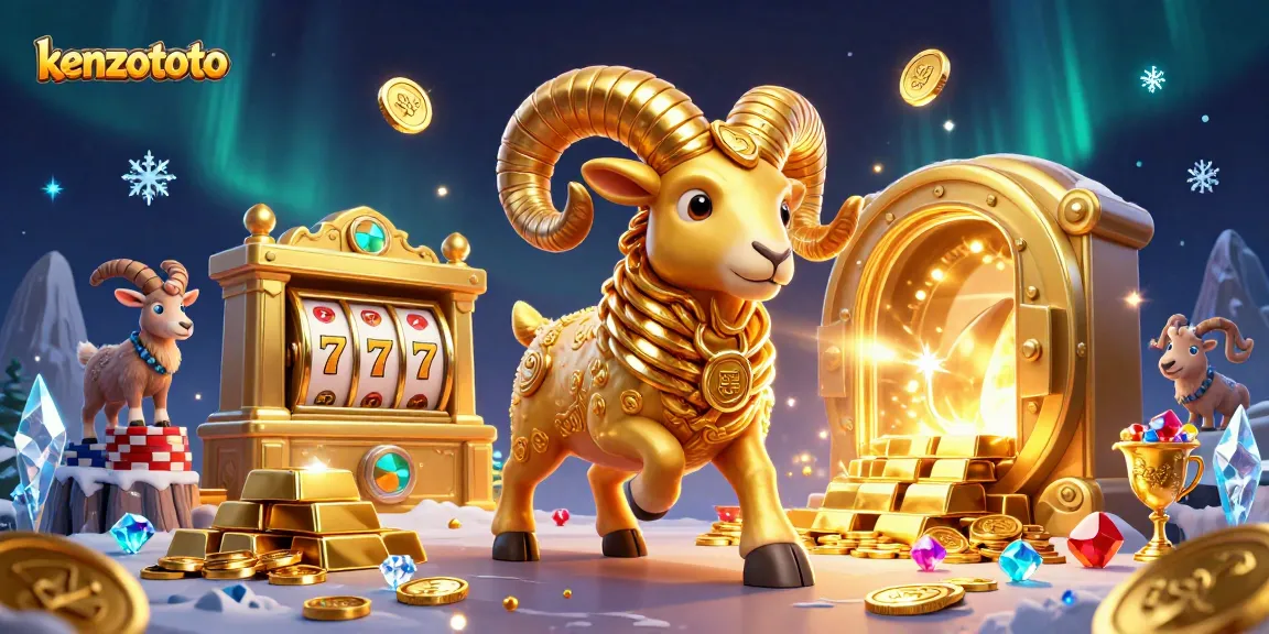 kenzototo bermain slot online dengan karakter domba emas dan simbol keberuntungan yang terlihat.