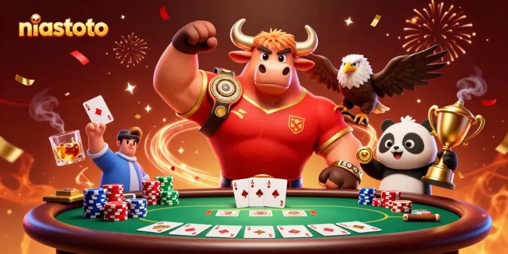 Experience winning moments at NIASTOTO with a cheerful panda, victorious bull, and eagle amidst poker excitement.
