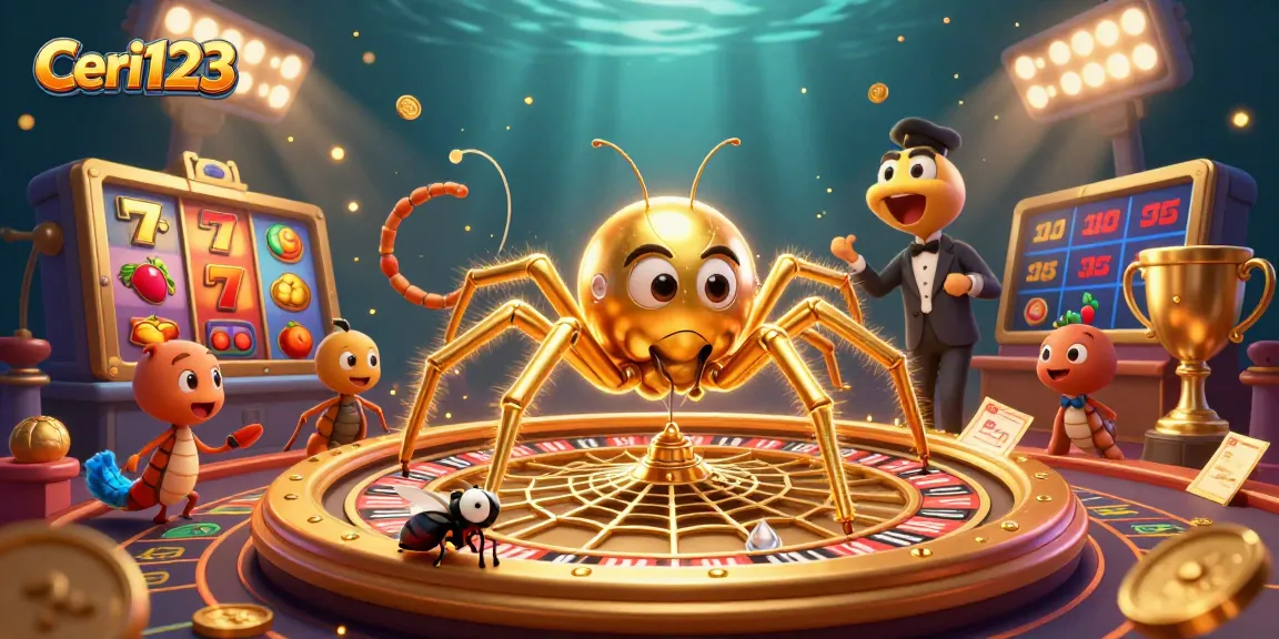 Ceri123 presents a dynamic slot gaming scene featuring a golden spider and vibrant elements for maximum excitement.