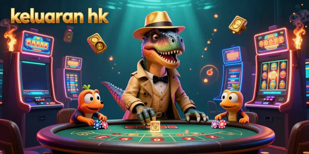 Menghadirkan keluaran hk yang menarik dengan karakter dino di meja blackjack yang dikelilingi mesin slot berwarna-warni.